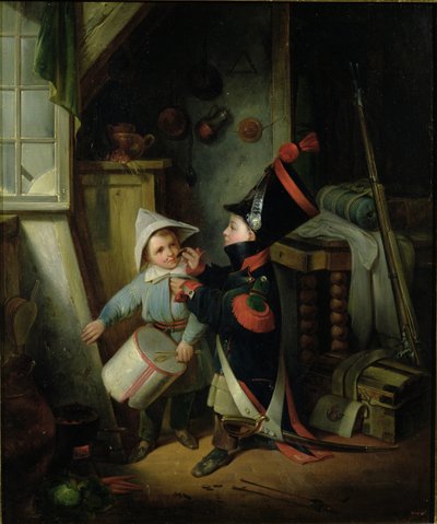 Two Boys Dressing Up as Soldiers by Claude Jacquand